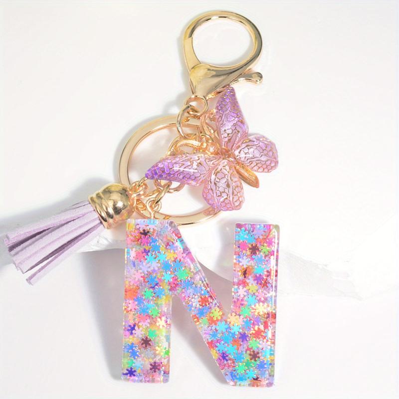 Colorful Initial Letter Keychain with Tassel Butterfly Ornament Key Ring