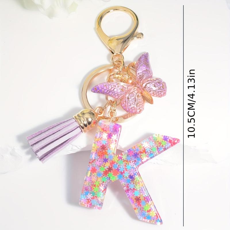 Colorful Initial Letter Keychain with Tassel Butterfly Ornament Key Ring