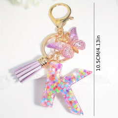 Colorful Initial Letter Keychain with Tassel Butterfly Ornament Key Ring