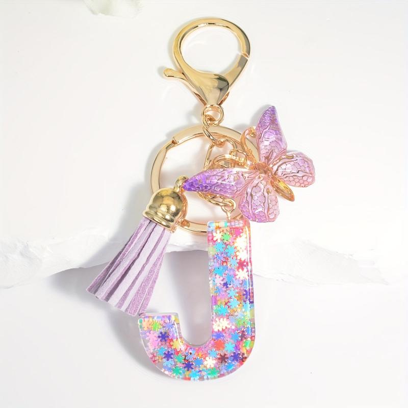 Colorful Initial Letter Keychain with Tassel Butterfly Ornament Key Ring