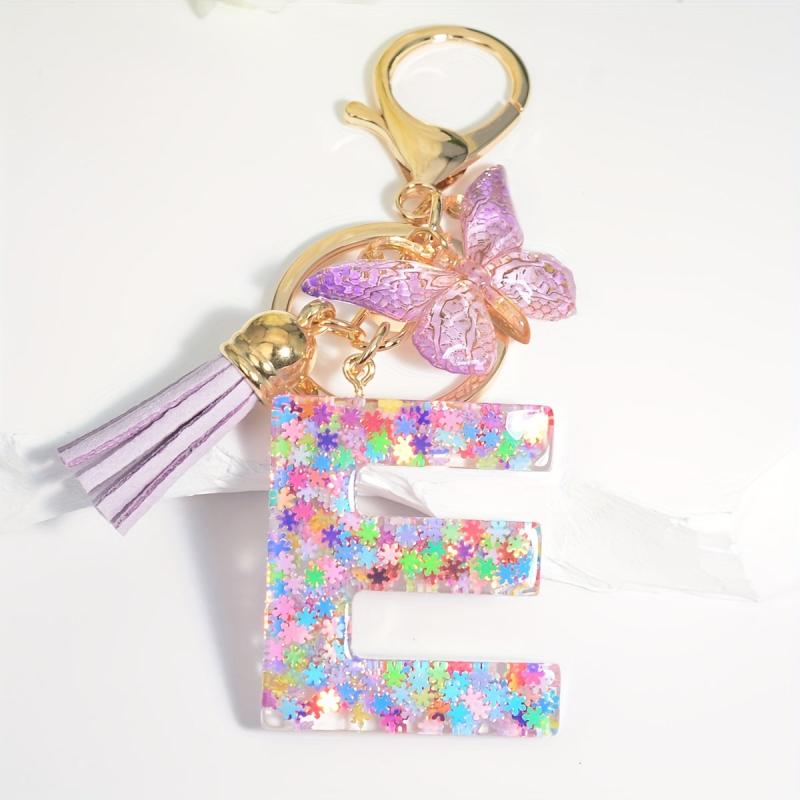 Colorful Initial Letter Keychain with Tassel Butterfly Ornament Key Ring