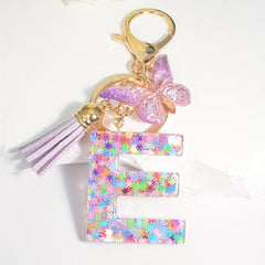 Colorful Initial Letter Keychain with Tassel Butterfly Ornament Key Ring