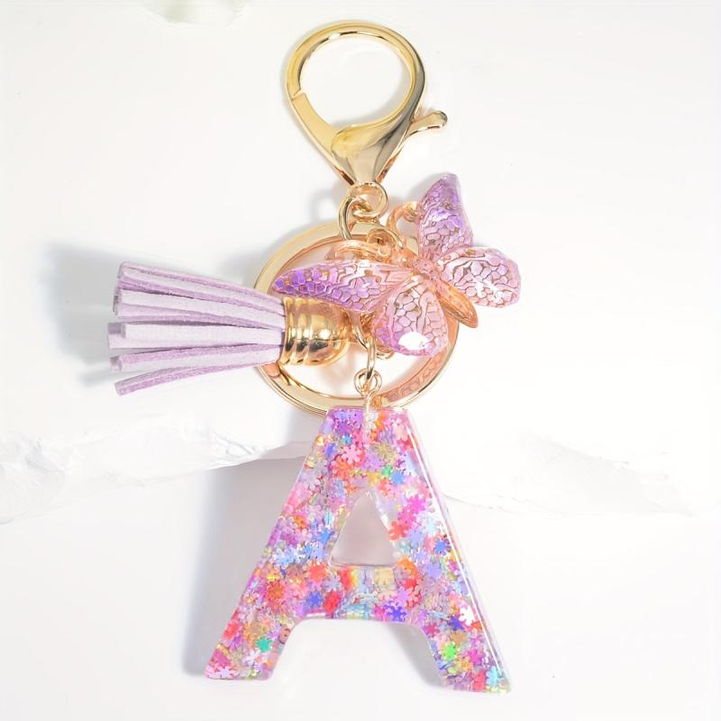 Colorful Initial Letter Keychain with Tassel Butterfly Ornament Key Ring
