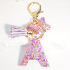Colorful Initial Letter Keychain with Tassel Butterfly Ornament Key Ring