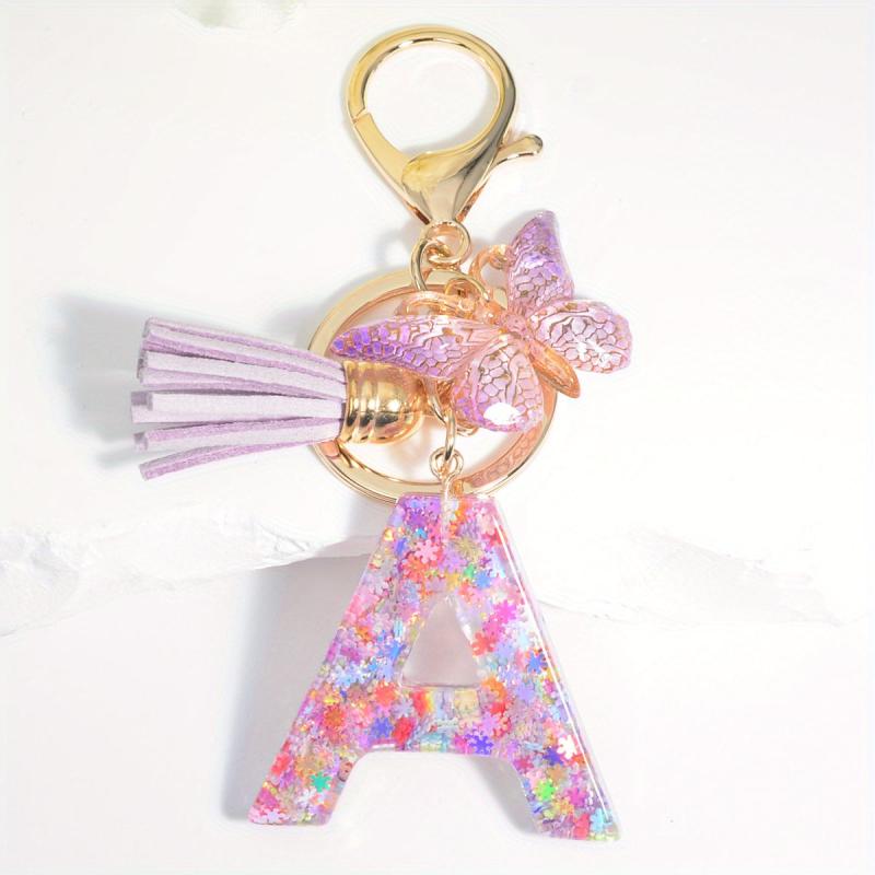 Colorful Initial Letter Keychain with Tassel Butterfly Ornament Key Ring
