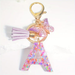 Colorful Initial Letter Keychain with Tassel Butterfly Ornament Key Ring