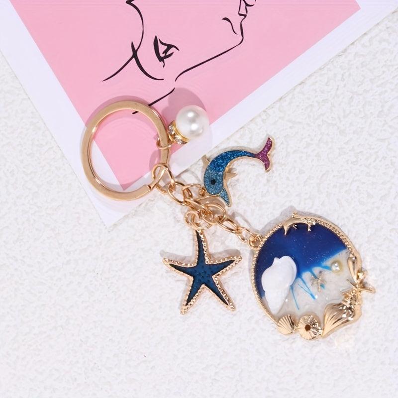 Glitter Dolphin Shell Starfish Keychain Animal Summer Beach Key Ring Purse Bag