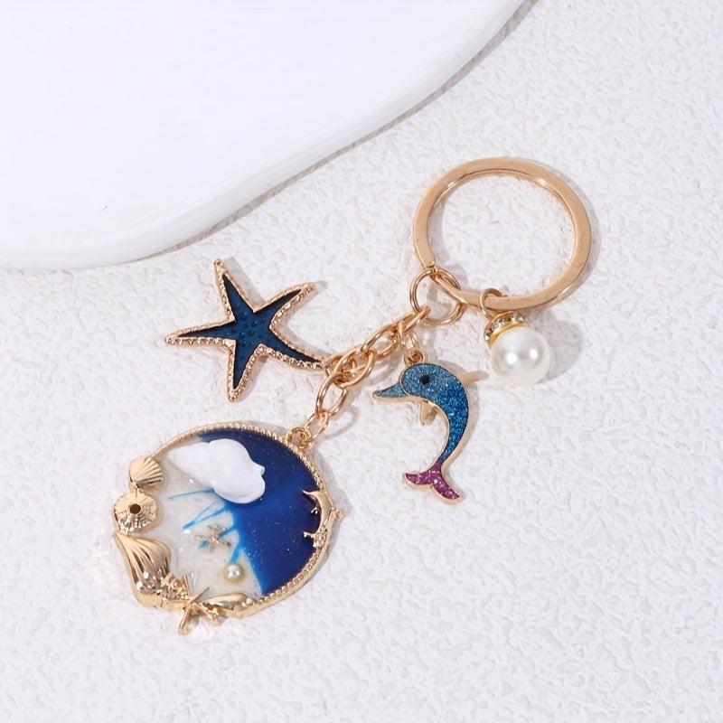 Glitter Dolphin Shell Starfish Keychain Animal Summer Beach Key Ring Purse Bag