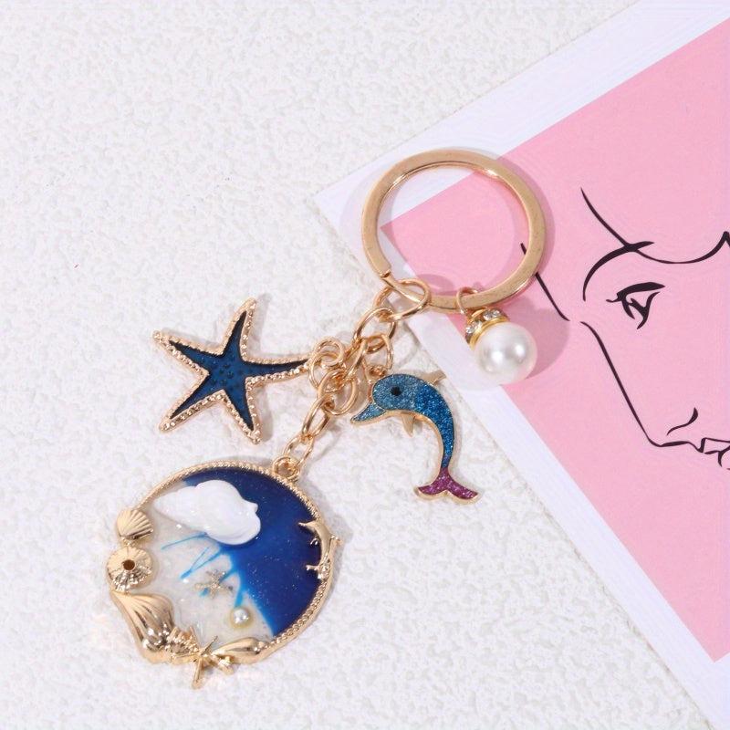 Glitter Dolphin Shell Starfish Keychain Animal Summer Beach Key Ring Purse Bag