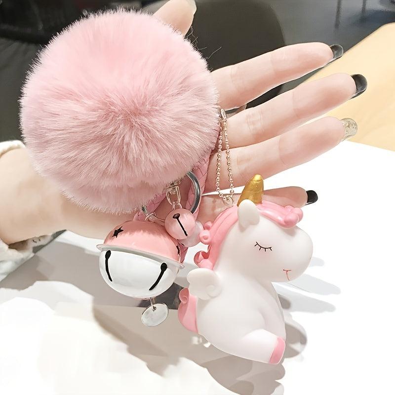 Fur Ball Pom Pom Keychain Unicorn Bells for Bag Wallet Car