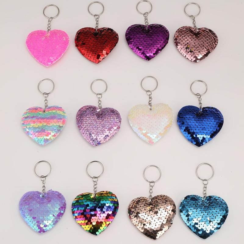 Sequin Love Heart Keychain Bag Key Chain Keyring Purse Charm Accessories