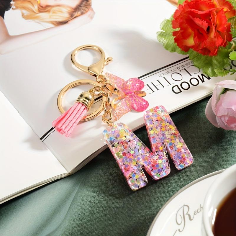Alphabet Butterfly Keychain Resin Animal Key Ring Purse Bag Backpack Car Charm