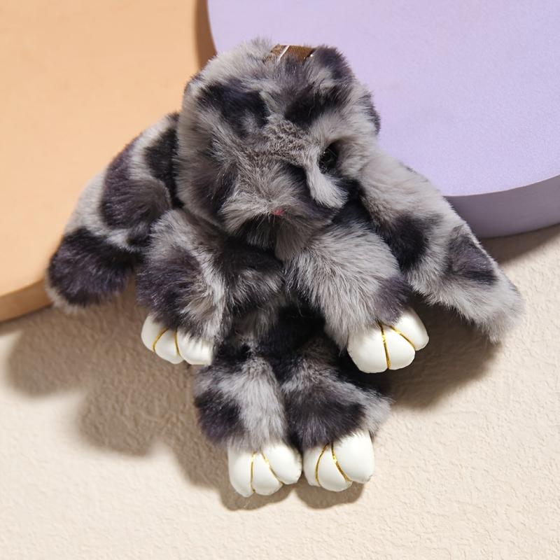 Leopard Rabbit Bunny Keychain Pendant Fluffy Pompoms Keychain Charm