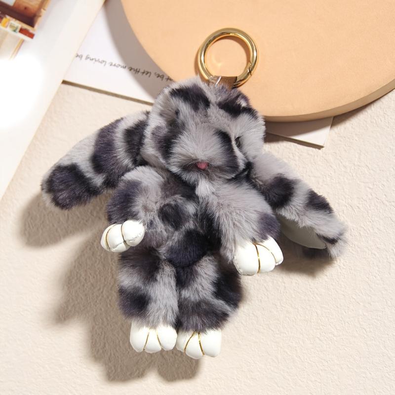 Leopard Rabbit Bunny Keychain Pendant Fluffy Pompoms Keychain Charm