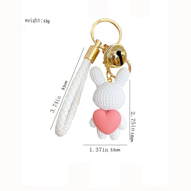 Resin Rabbit Keychain Bunny Holding Heart Pendant Bell Keyring