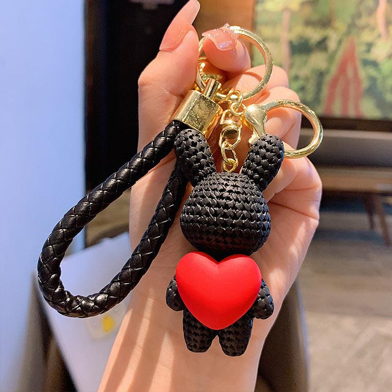 Resin Rabbit Keychain Bunny Holding Heart Pendant Bell Keyring