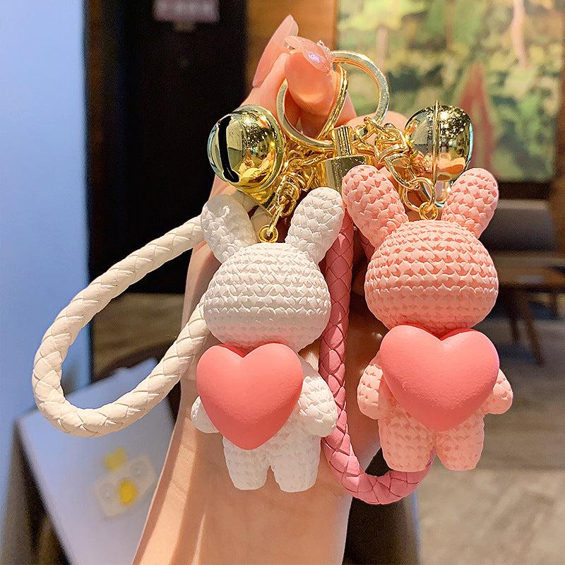Resin Rabbit Keychain Bunny Holding Heart Pendant Bell Keyring