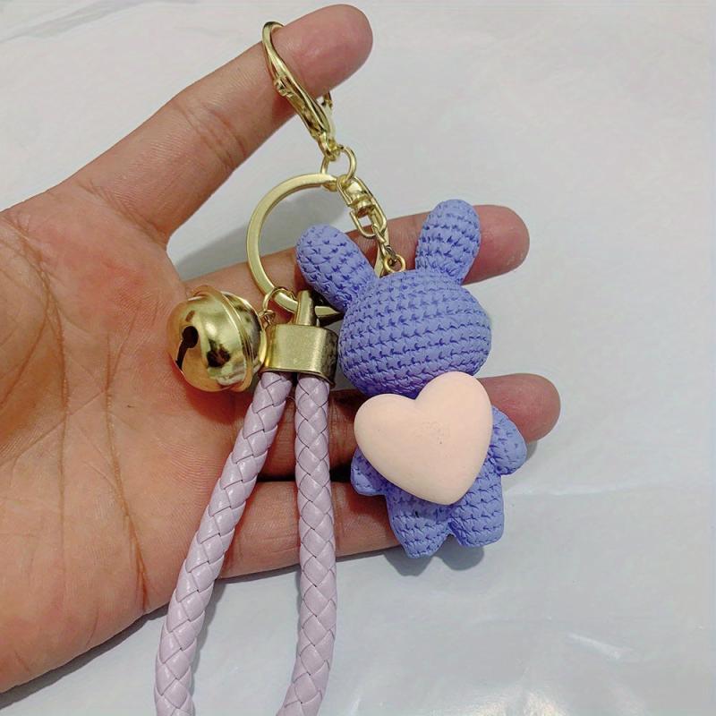 Resin Rabbit Keychain Bunny Holding Heart Pendant Bell Keyring