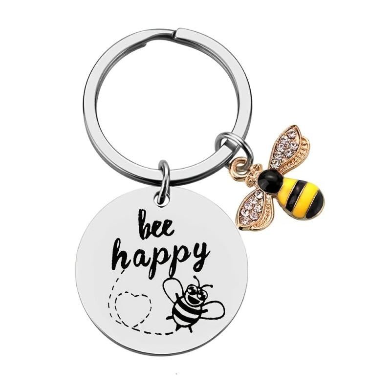 Stainless Steel Hanging Bee Happy Keychain