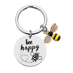 Stainless Steel Hanging Bee Happy Keychain