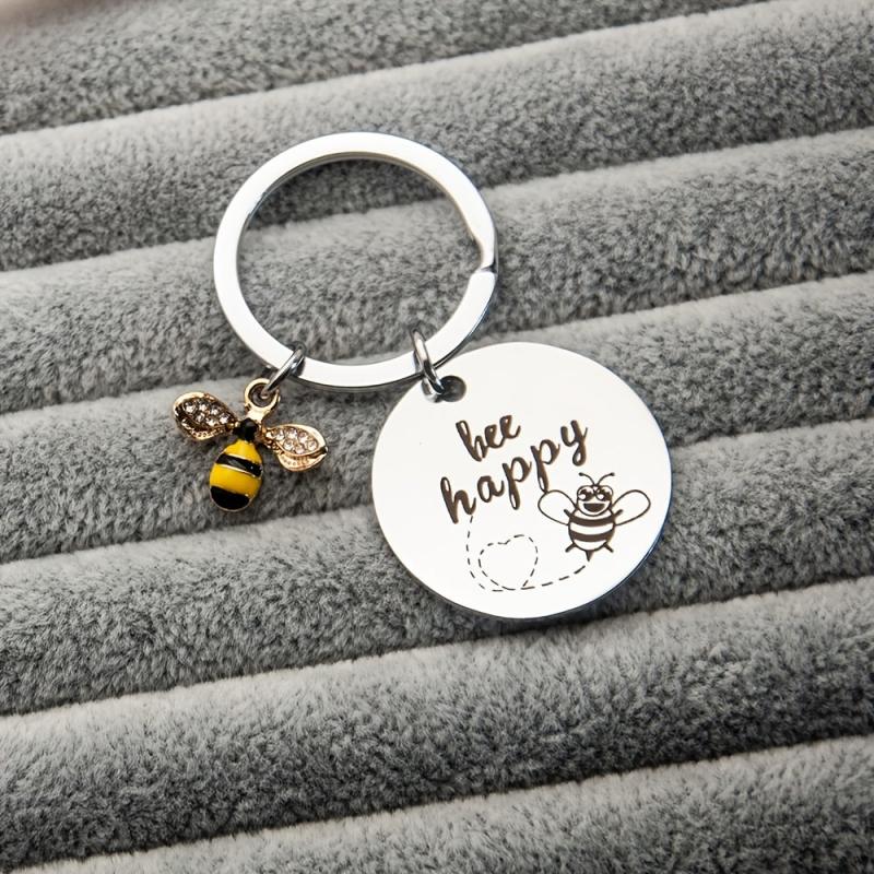 Stainless Steel Hanging Bee Happy Keychain