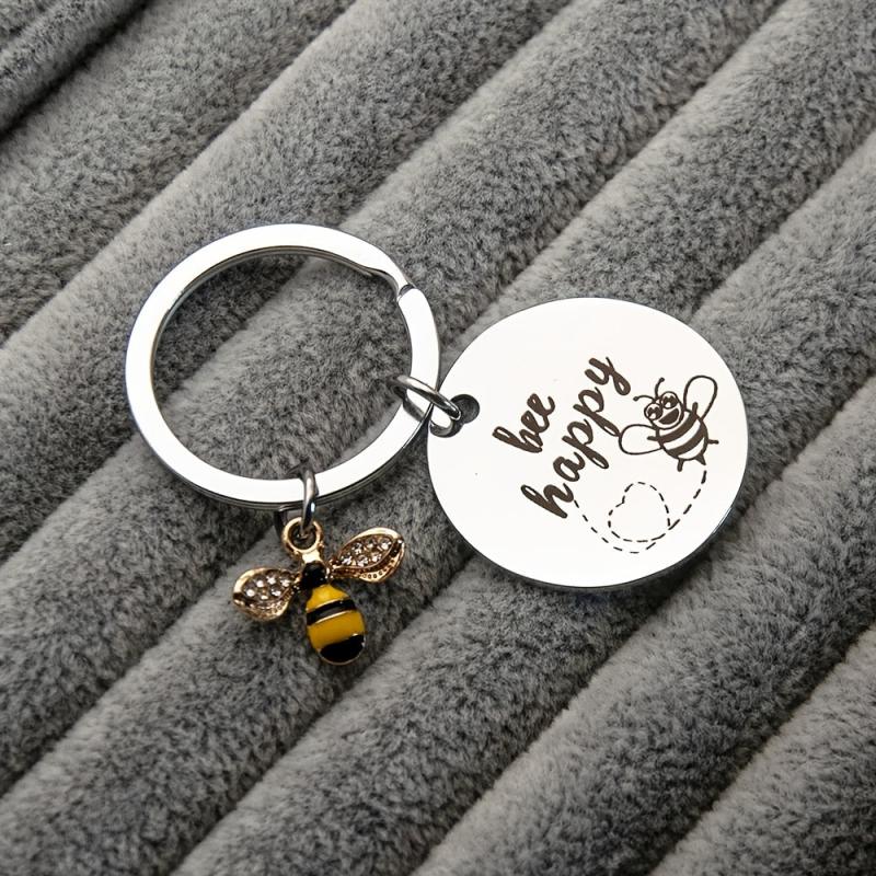 Stainless Steel Hanging Bee Happy Keychain