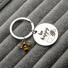Stainless Steel Hanging Bee Happy Keychain