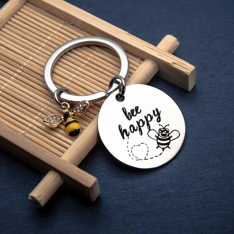 Stainless Steel Hanging Bee Happy Keychain