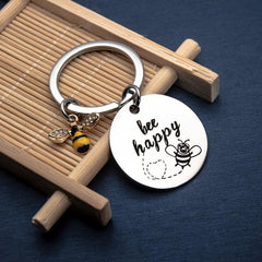 Stainless Steel Hanging Bee Happy Keychain