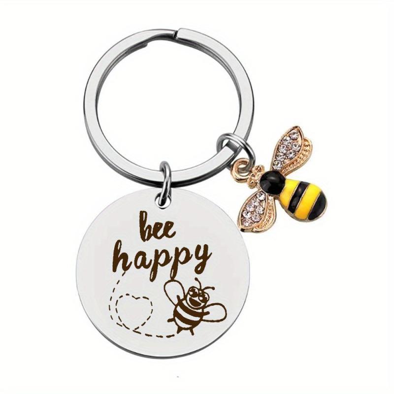 Stainless Steel Hanging Bee Happy Keychain