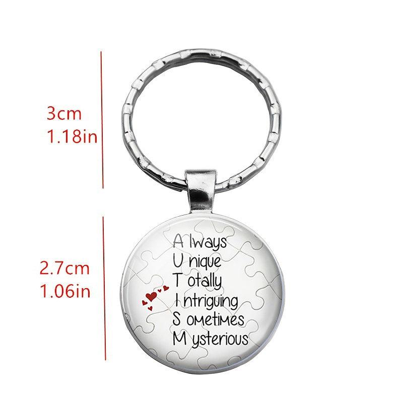 Heart Shaped Glass Pendant Keychain with Time & Letters Gemstone