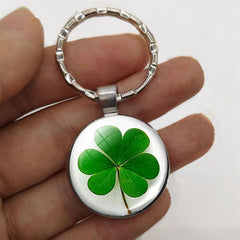 Lucky 4 Leaf Clover Time Gemstone Pendant Green Plant Keychain