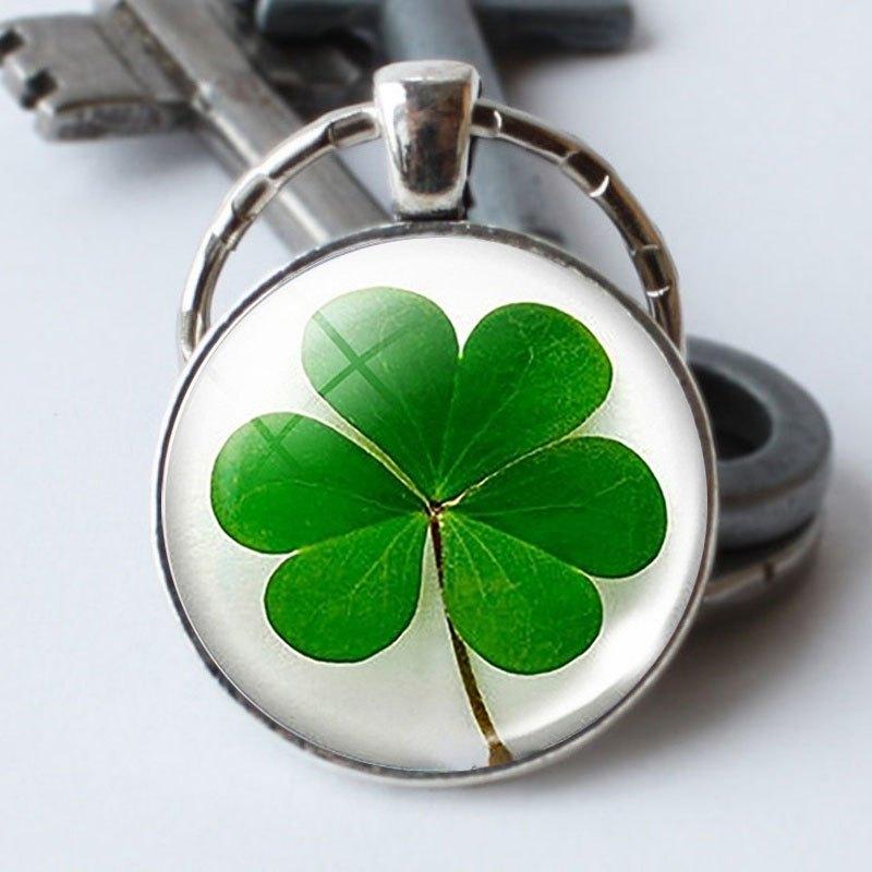 Lucky 4 Leaf Clover Time Gemstone Pendant Green Plant Keychain