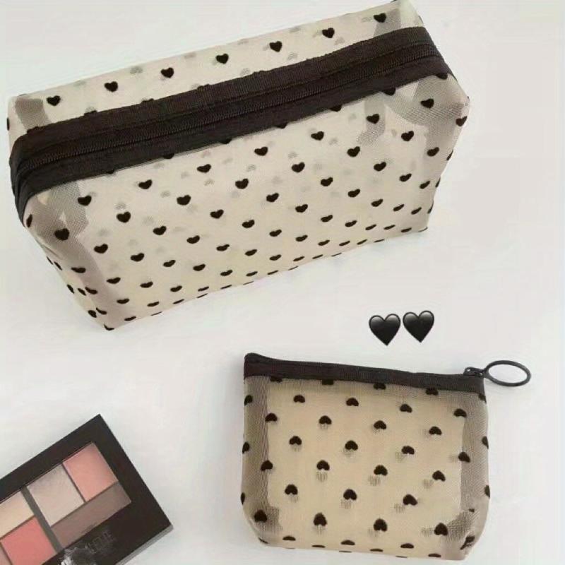 Heart Pattern Mesh Makeup Storage Bag Zipper Cosmetic Bag