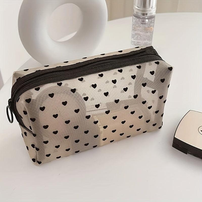 Heart Pattern Mesh Makeup Storage Bag Zipper Cosmetic Bag