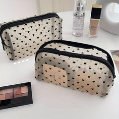 Heart Pattern Mesh Makeup Storage Bag Zipper Cosmetic Bag