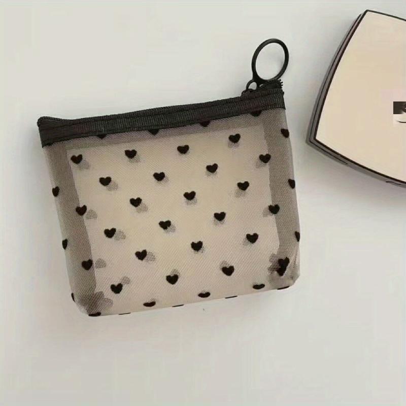 Heart Pattern Mesh Makeup Storage Bag Zipper Cosmetic Bag