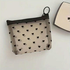 Heart Pattern Mesh Makeup Storage Bag Zipper Cosmetic Bag