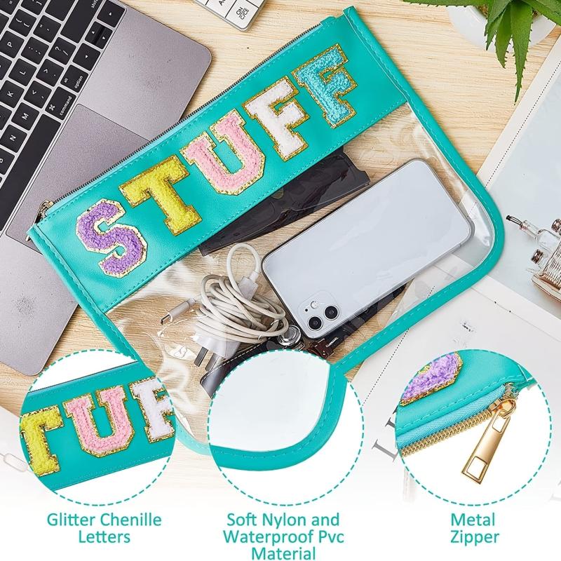 Plush Letter Print Makeup Bag Transparent Cosmetic Storage Pouch
