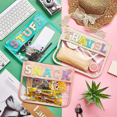 Plush Letter Print Makeup Bag Transparent Cosmetic Storage Pouch