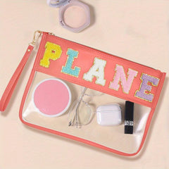 Plush Letter Print Makeup Bag Transparent Cosmetic Storage Pouch