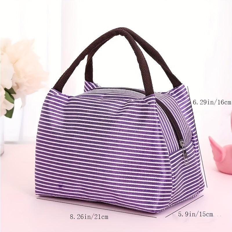Striped Pattern Zipper Lunch Bag Lightweight Insulated Satchel