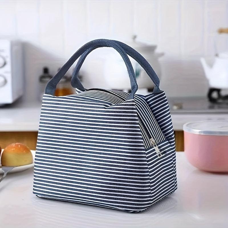 Striped Pattern Zipper Lunch Bag Lightweight Insulated Satchel