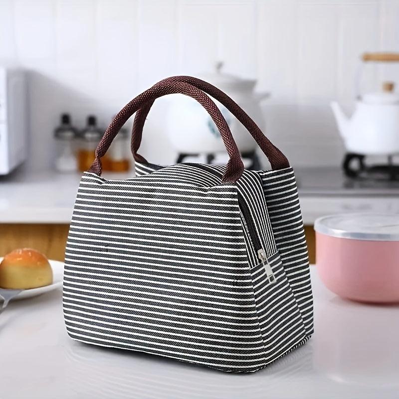 Striped Pattern Zipper Lunch Bag Lightweight Insulated Satchel