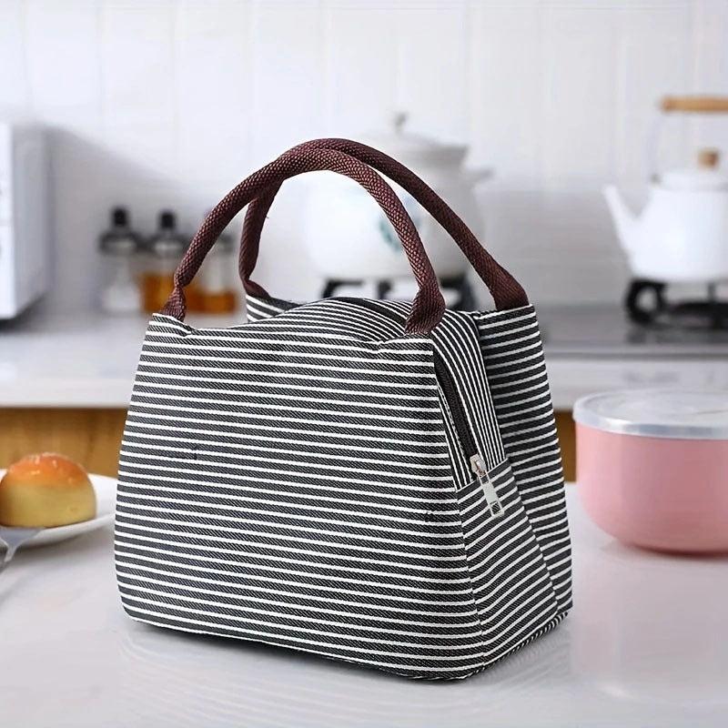 Striped Pattern Zipper Lunch Bag Lightweight Insulated Satchel