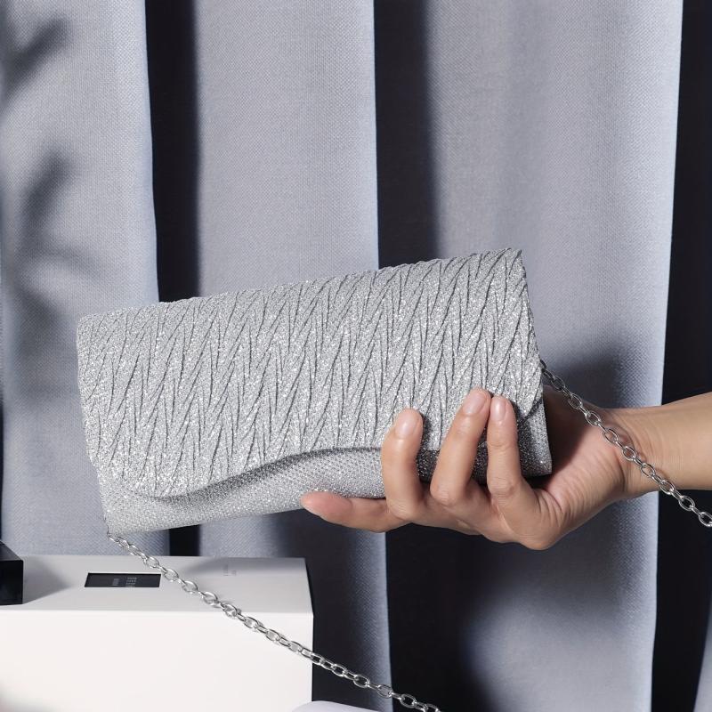 Glitter Pleated Chain Clutch Evening Bag
