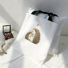 Hedgehog Pattern Canvas Tote Bag Cartoon Travel Beach Shoulder Bag