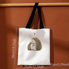 Hedgehog Pattern Canvas Tote Bag Cartoon Travel Beach Shoulder Bag