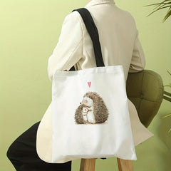 Hedgehog Pattern Canvas Tote Bag Cartoon Travel Beach Shoulder Bag