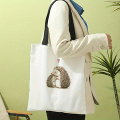 Hedgehog Pattern Canvas Tote Bag Cartoon Travel Beach Shoulder Bag